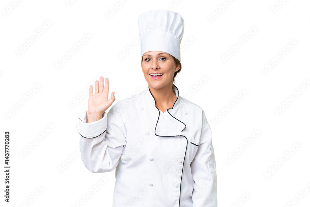 Middle-aged chef woman over isolated background saluting with hand with happy expression Middle-aged chef woman over isolated background saluting with hand with happy expression