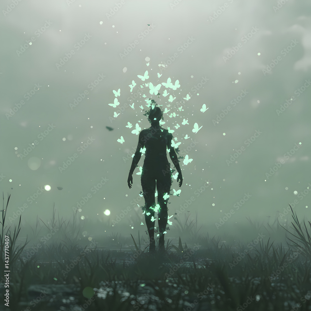 Naklejka premium Surreal illustration of dark silhouetted figure in tall grass surrounded by glowing green butterflies and organic shapes on muted green-grey background