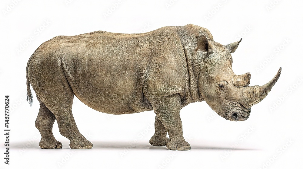 Fototapeta premium Full Body Profile of an Adult African Rhinoceros Isolated on White