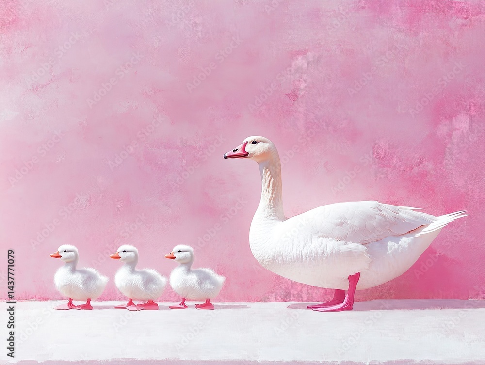 Fototapeta premium A white goose with its three goslings standing against a pink wall, creating a whimsical scene.
