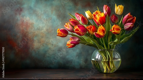 Wallpaper Mural A still life of a bouquet of tulips and a vase of water on a kitchen table Torontodigital.ca