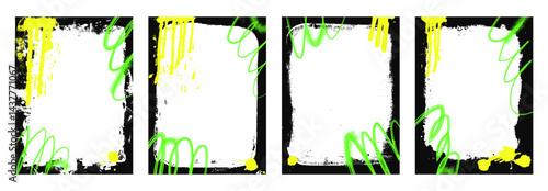 Graffiti frame templates. Hip hop neon spray art layout background frames. Border with airbrush paint lines. Ink grunge decor for design. Retro texture banners set overlay. Vector urban illustration.