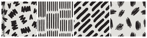 Abstract brush painting pattern seamless stroke set. Black and white modern paint line background collection monochrome. wallpaper print messy rough hand drawn texture collection.