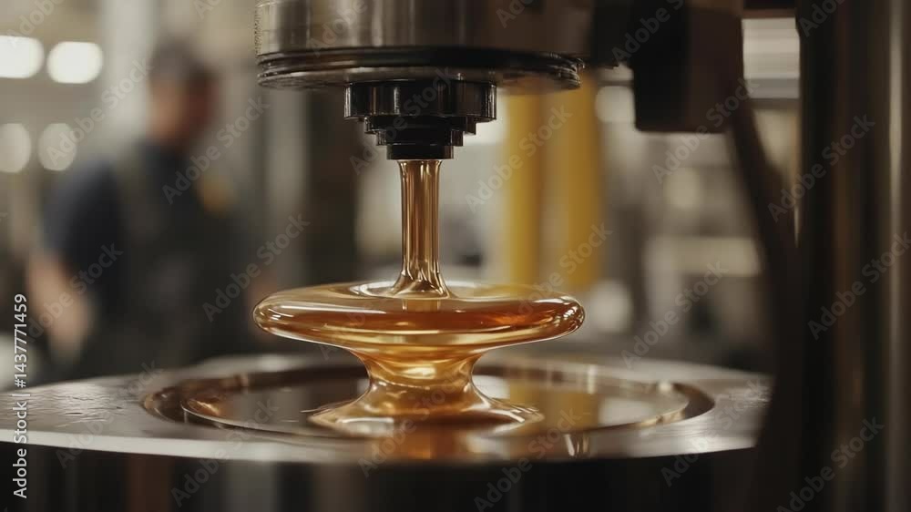 Golden viscous liquid drips onto a circular surface in an industrial setting, close up, production machinery detail of a modern manufacturing process Golden viscous liquid drips onto a circular surface in an industrial setting, close up, production machinery detail of a modern manufacturing process