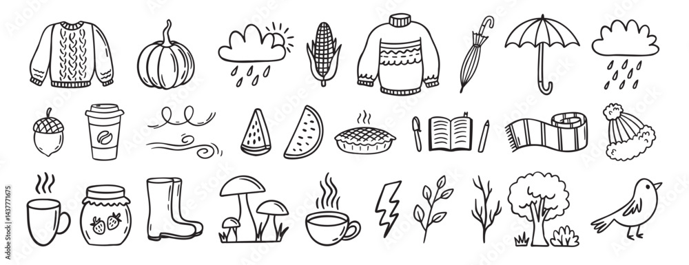 Naklejka premium Autumn or nature fall season with falling leaves, umbrella doodle hand drawn icon elements set. Outline drawing autumn or fall line clipart symbol collection