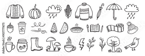 Autumn or nature fall season with falling leaves, umbrella doodle hand drawn icon elements set. Outline drawing autumn or fall line clipart symbol collection