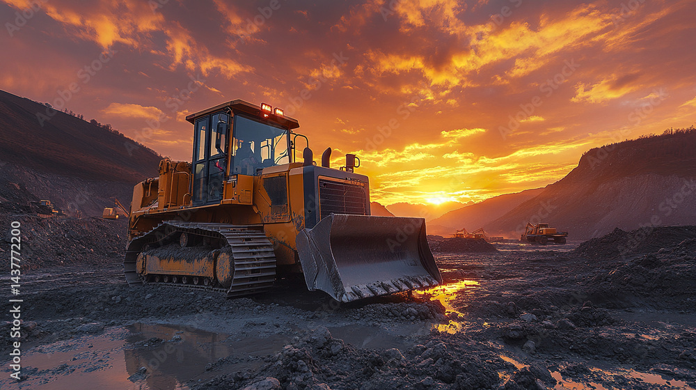 powerful bulldozer on rough terrain at sunset, showcasing its strength and capability powerful bulldozer on rough terrain at sunset, showcasing its strength and capability