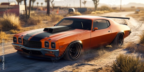 Classic orange muscle car on a desert road, black racing stripe, big wheels, sun flares, powerful stance.