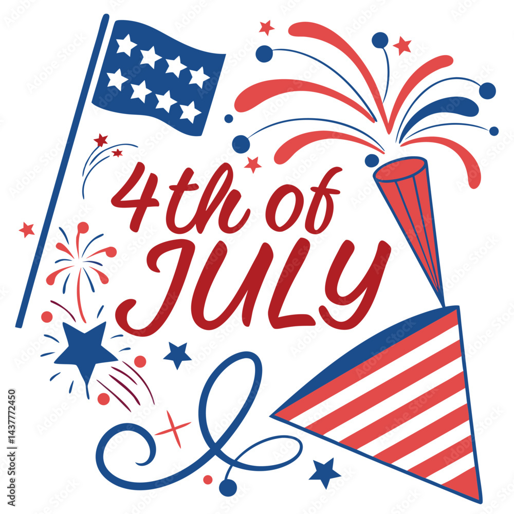 Fototapeta premium 4th of July. US Independence Day. Vector illustration of American flag, star, objects, Statue of Liberty, symbol, sign, ribbon icon for greeting card, poster, banner, background or invitation.