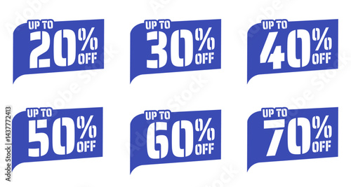 Different percent discount blue sticker and price tag set, sell off up to 20, 30, 40, 50, 60, 70 percent, isolated vector illustration