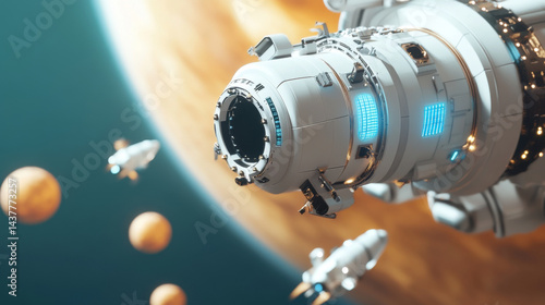 Futuristic spacecraft approaching gas giant in deep space environment