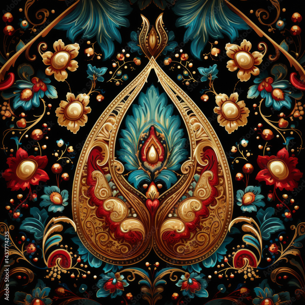 Fototapeta premium Paisley pattern with floral elements on red background, highly detailed
