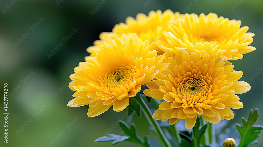 Fototapeta premium Bright yellow chrysanthemums bloom in a garden setting