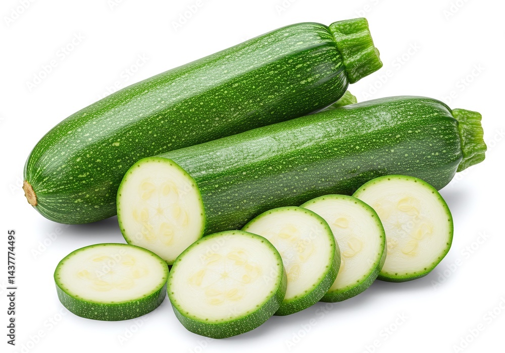 Fresh zucchini and slices isolated on white background Fresh zucchini and slices isolated on white background