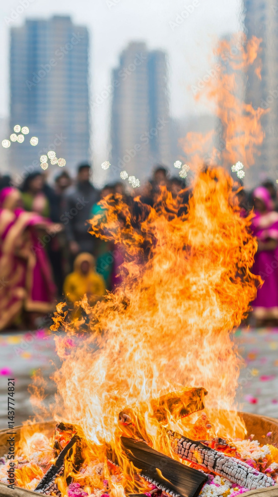 Holika Dahan celebration in modern city setting with people gathered around fire