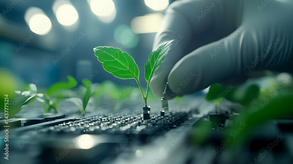 Hand in Glove Holding a Plant Growing from Circuit Board Hand in Glove Holding a Plant Growing from Circuit Board