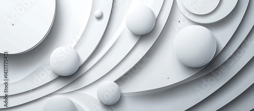 White spheres swirl; abstract background