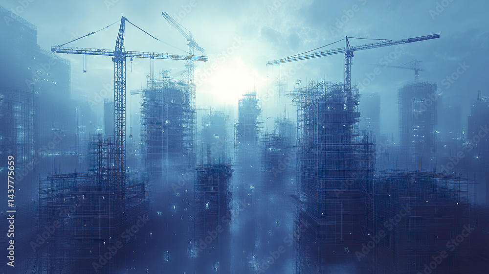 Digital city under development with cranes and scaffolding in misty atmosphere Digital city under development with cranes and scaffolding in misty atmosphere