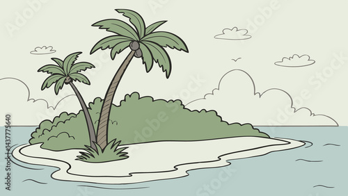 Tiny Tropical Island with Two Palm Trees and Calm Waters
