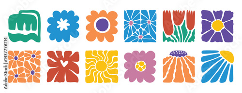 hand drawn poster abstract flowers groovy retro style. floral square botanical icon. freehand naive bright 70s style 