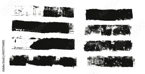 Straight thick grunge underlines. Linocut rolled brush stroke set. Handmade ink rectangle rough stamps. Vector black paint lines shapes. Dry marker or brayer smear textures Irregular figures