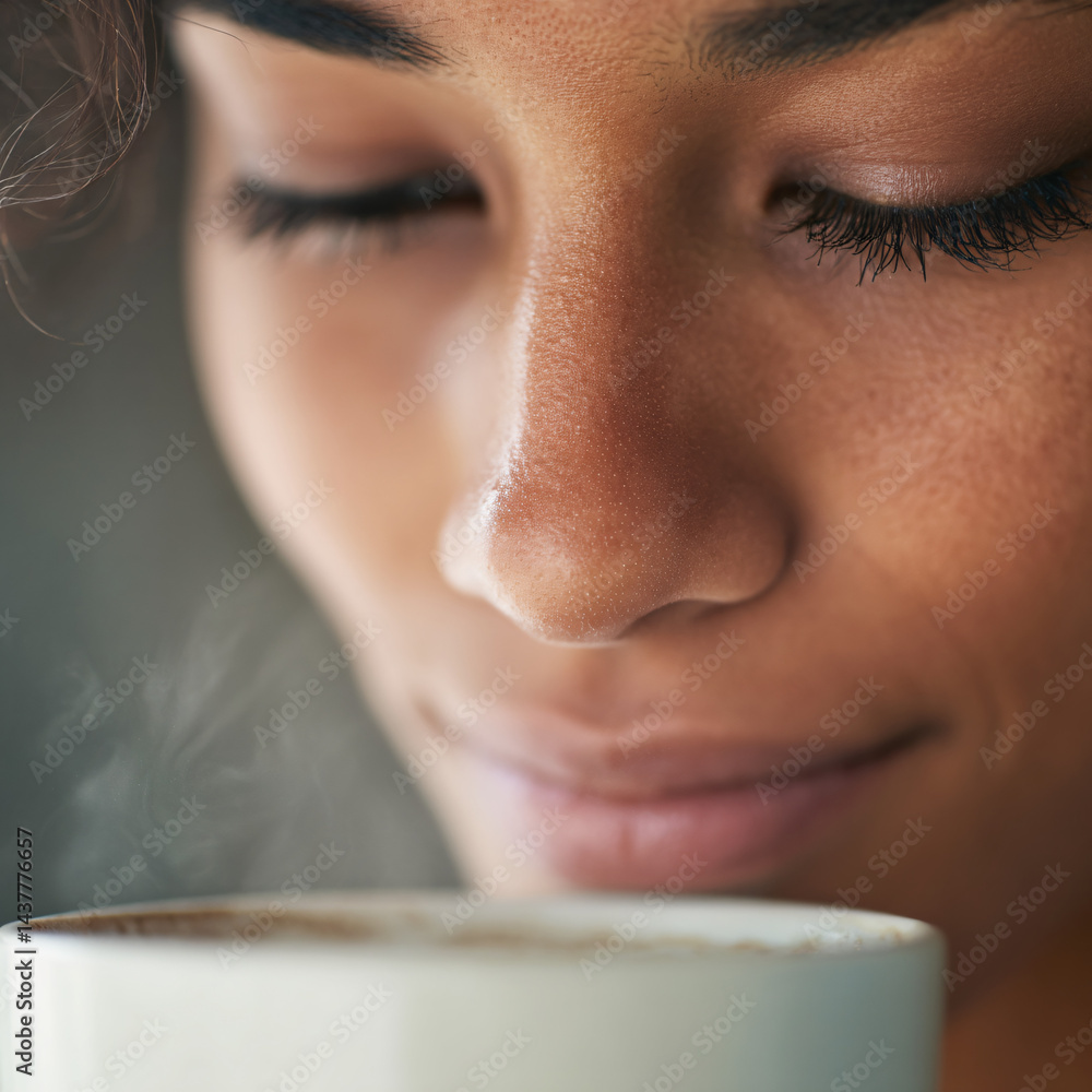 Fototapeta premium young woman holding cup close to face enjoying warm drink with closed eyes cozy relaxed peaceful casual portrait natural light brunette lifestyle morning indoors 