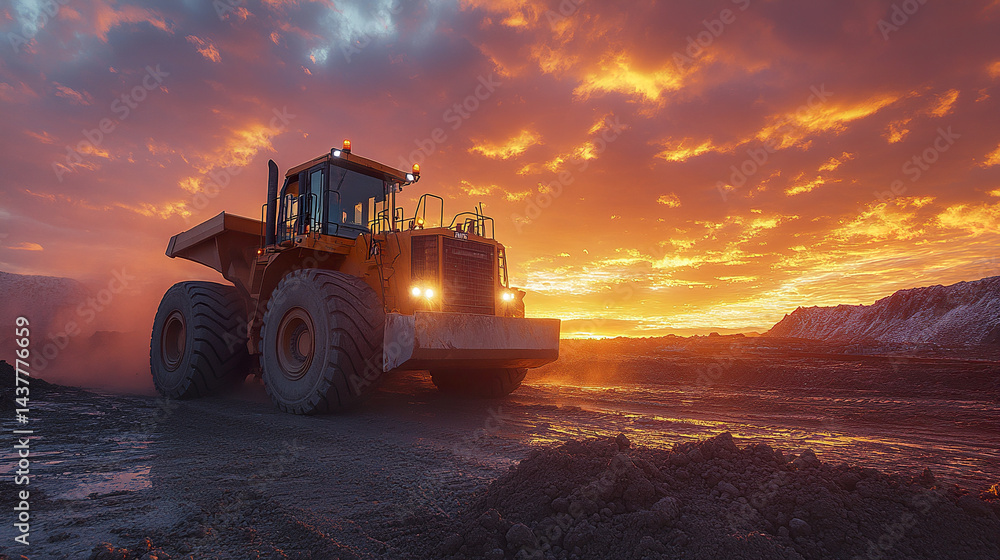 large construction vehicle operates dusty site during vibrant sunset, creating dramatic scene large construction vehicle operates dusty site during vibrant sunset, creating dramatic scene