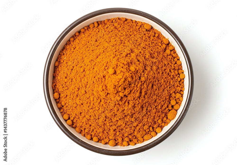 Turmeric powder in a bowl, overhead shot isolated on white background Turmeric powder in a bowl, overhead shot isolated on white background