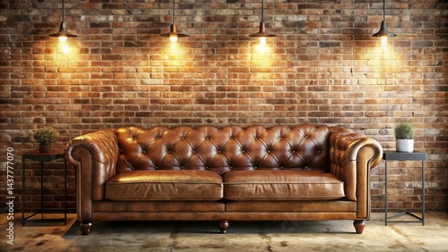 Rustic Elegance A Brown Leather Chesterfield Sofa Set Against a Warm Brick Wall Illuminated by Pendant Lights