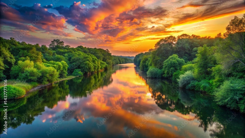 Fototapeta premium Serene River Reflecting a Vibrant Sunset Sky, Lush Green Foliage Framing the Water's Edge