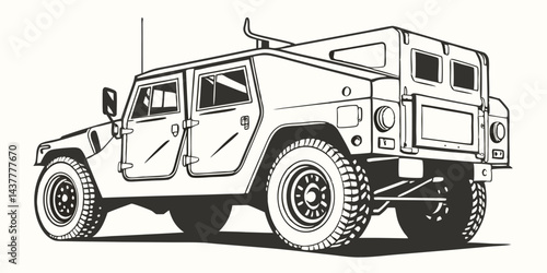 Military Armored Vehicle Vector Silhouette, Tactical Army Humvee Truck Illustration