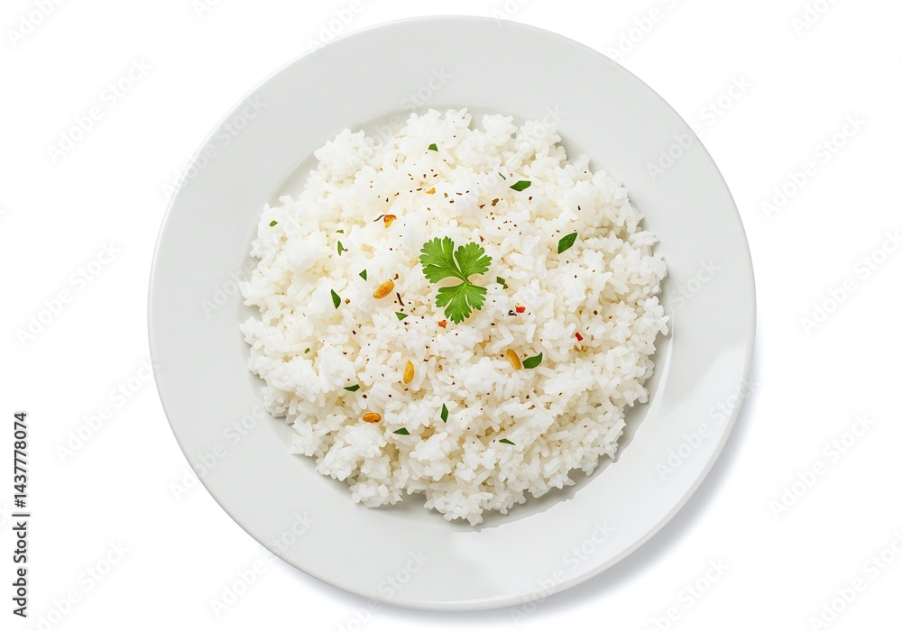 Plain white rice on plate with garnish isolated on white background Plain white rice on plate with garnish isolated on white background