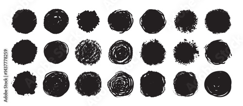 Round grunge scratch and textured ink brush strokes set. isolated vector black Collection. Dirty expressive hand drawn inky stains and blobs