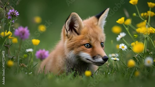 A curious baby fox with big blue eyes peeking out from behind wildflowers