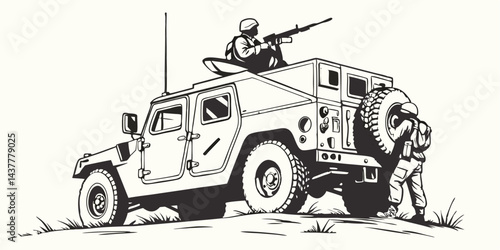 Military Armored Vehicle Vector Silhouette, Tactical Army Humvee Truck Illustration