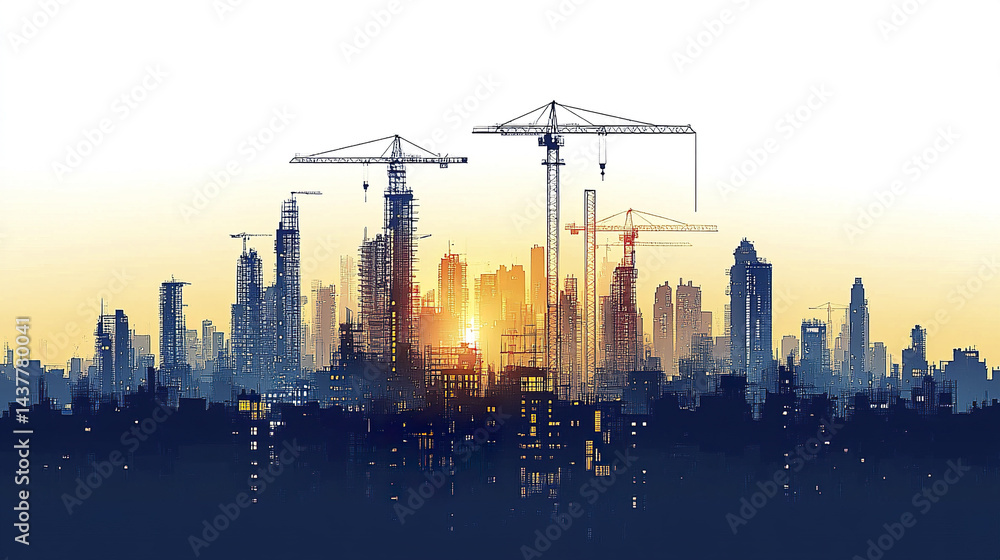 Obraz premium vibrant industrial city skyline at sunset, featuring scaffolded towers and cranes