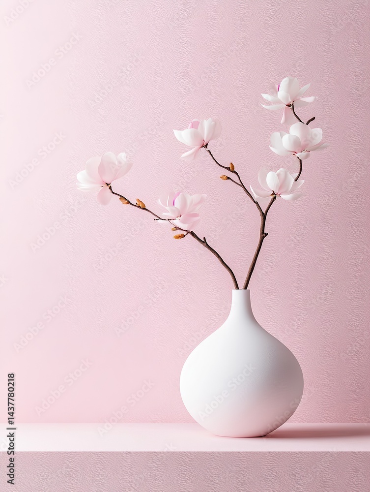 Floral Display: Delicate pink flowers on brown branches in a white vase against a pink backdrop. Floral Display: Delicate pink flowers on brown branches in a white vase against a pink backdrop.