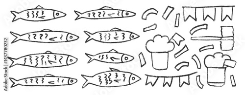 Fishes line doodle set. Popular Saints. festival set. Manjerico, garlands and sardines hand drawn scribble. School of fish in the sea. Vector illustration on white background. Chalk Portuguese party.