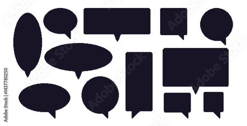 Pixel art speech bubbles simple silhouette. 8 bit text boxes set. Rectangle and round chat frames. Dialogue borders icons in retro style. Digital callouts message borders. Vector illustration.