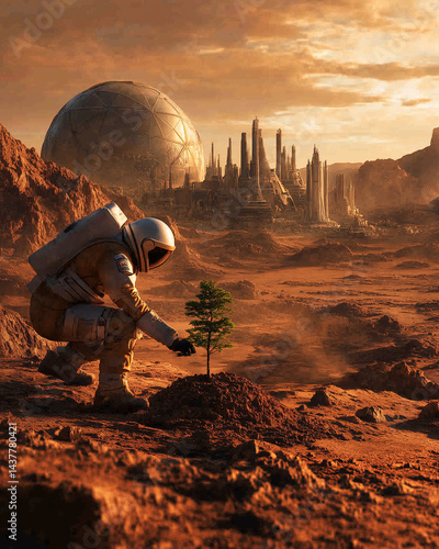 Astronaut planting tree on Martian landscape
