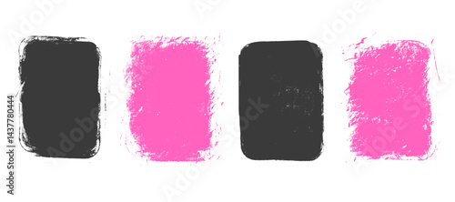 Set of painted grunge text boxes. Callout rectangles frame shapes. Linocut rolled ink black and pink tag sample. Handmade vector stamp with smudged texture. Rough paint decorative uneven framework.