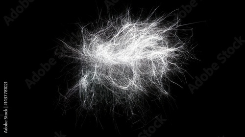 Ethereal abstract mass of fine, tangled white threads or luminous fibers resembling fluff or nerve connections against a black background. 