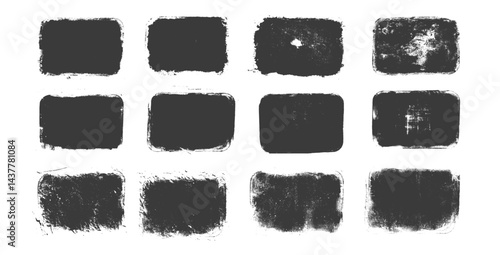 Grunge text boxes swatch set. Callouts rectangles frames. Lino cut rolled paint black tag. Vector handmade brayer stamp smudged texture. Rough paint decorative irregular border.