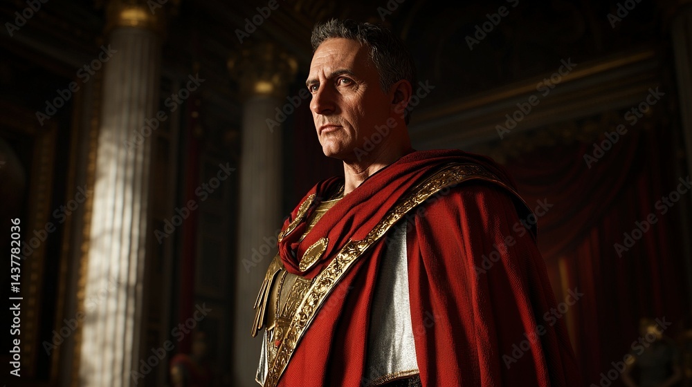 Naklejka premium Stern-faced leader in ancient attire, exuding authority in a grand hall, a portrait of historical significance.