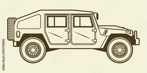 Military Armored Vehicle Vector Silhouette, Tactical Army Humvee Truck Illustration