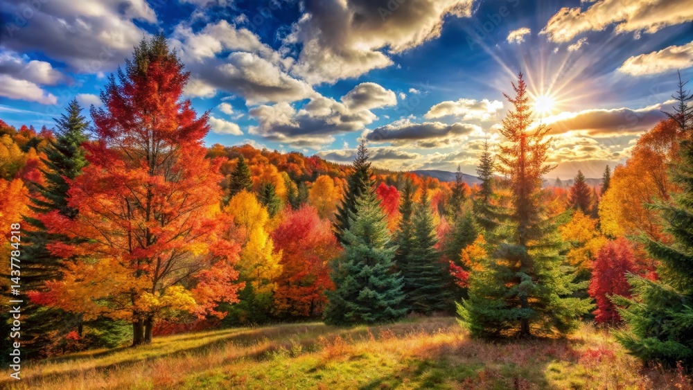 Autumnal Forest Radiance Sunlit Canopy of Vivid Red, Orange, and Gold Leaves, Majestic Evergreens, and Serene Meadow at Sunset Autumnal Forest Radiance Sunlit Canopy of Vivid Red, Orange, and Gold Leaves, Majestic Evergreens, and Serene Meadow at Sunset