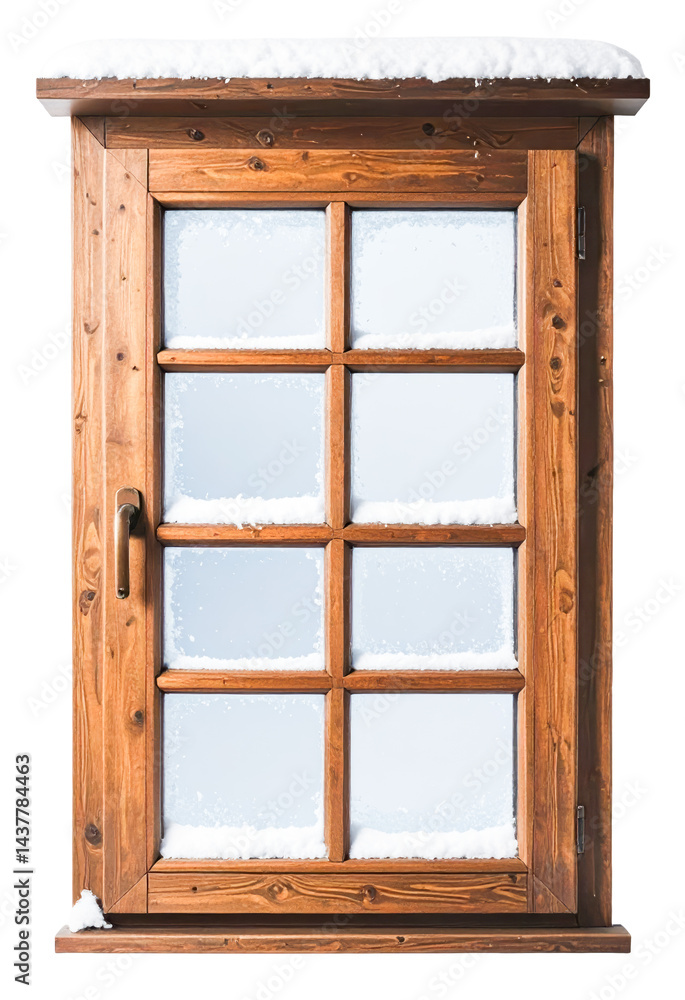 Wooden window frame covered by snow on transparent background, illustration Wooden window frame covered by snow on transparent background, illustration