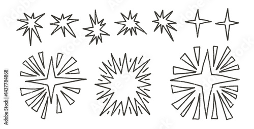 Twinkles outline charcoal set. Spark stars sketch. Space shine shapes and blings doodle pack. Comets and blinking. Vector hand drawn black pencil drawn illustration isolated on white background.