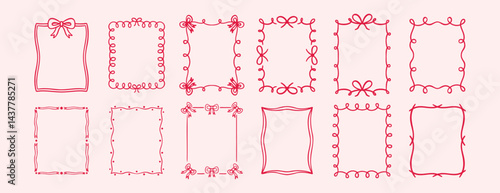 Bow rectangle frame ribbon border vintage cute hand drawn set. decorative pink hand drawn doodle line bow frame. Elegant romantic doodle wedding ribbon border.