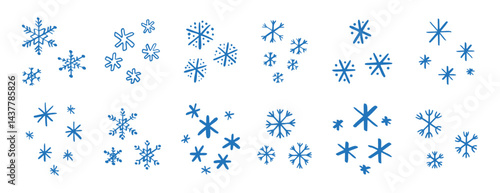 chalk pencil drawing blue snowflakes set. Snowflake doodle hand drawn cute style elements. Winter or Christmas concept.